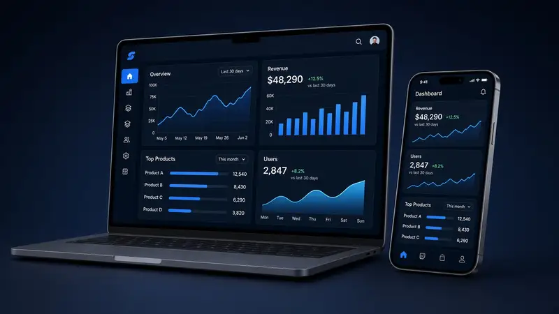 Product UI mockups for web and mobile technology solutions